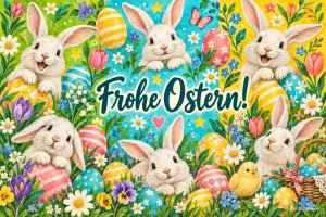 Lachende Hasen und ein Küken zwischen bunten Ostereiern und Blumen, Text: Frohe Ostern!