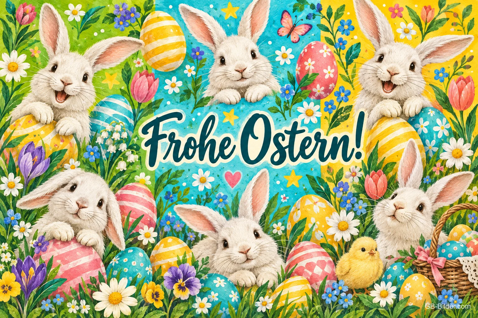 Lachende Hasen und ein Küken zwischen bunten Ostereiern und Blumen, Text: Frohe Ostern! Lachende Hasen und ein Küken zwischen bunten Ostereiern und Blumen, Text: Frohe Ostern!