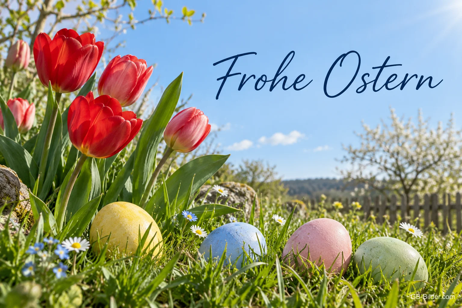 Tulpen und Ostereier, Text: Frohe Ostern