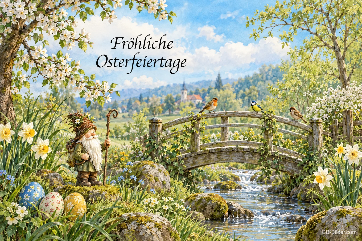 Zwerg an der Holzbrücke, Text: Fröhliche Osterfeiertage Zwerg an der Holzbrücke, Text: Fröhliche Osterfeiertage