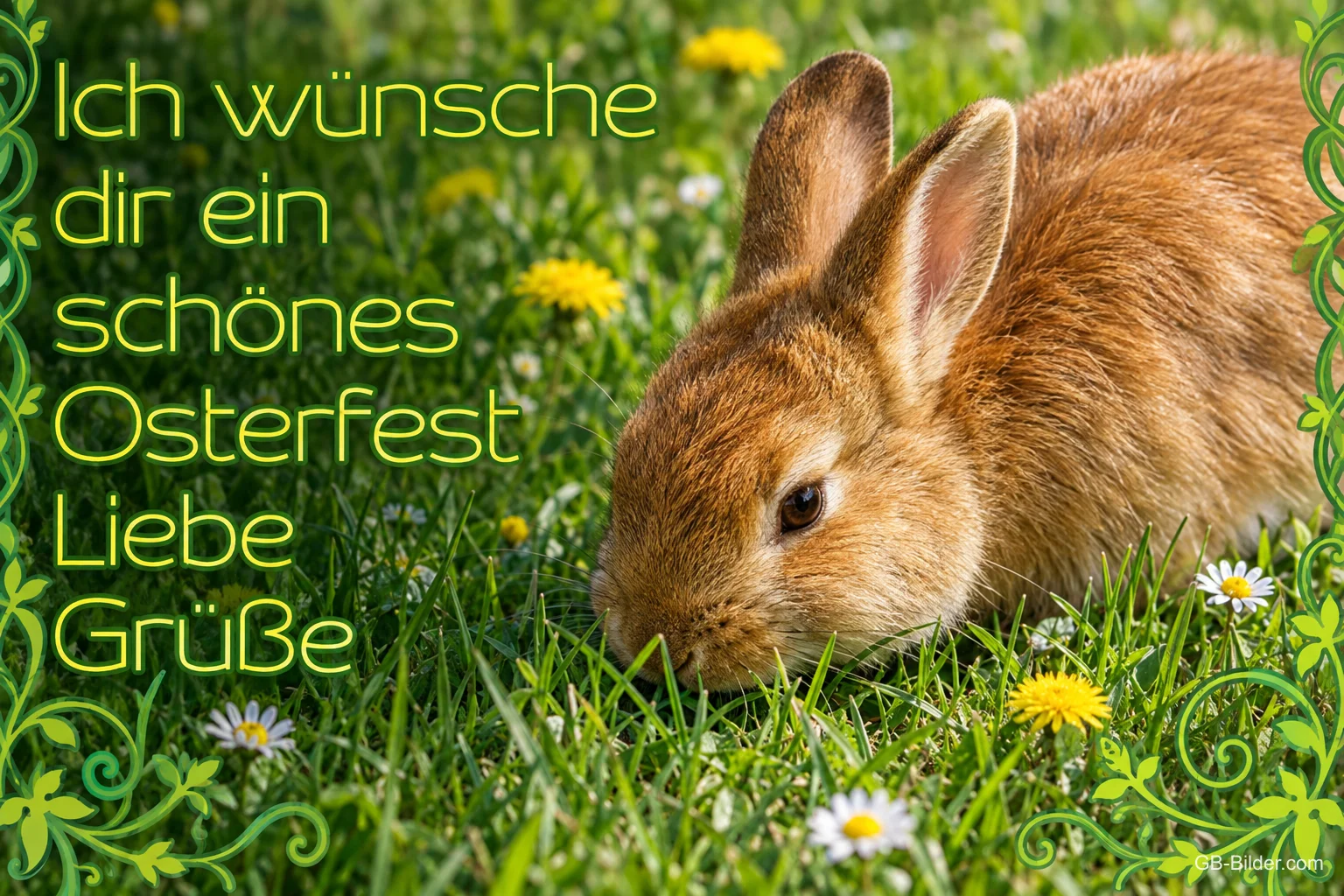Feldhase im Gras, Text: Ich wünsche dir ein schönes Osterfest Liebe Grüße