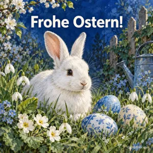 Weißes Kaninchen mit blauen Ostereiern, Text: Frohe Ostern