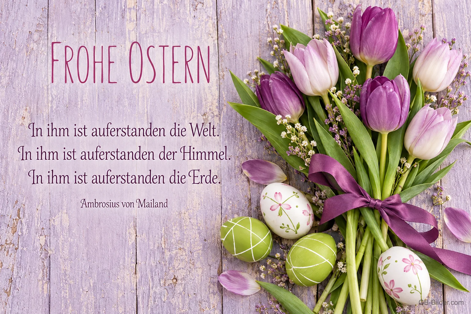 Lila Tulpen mit Ostereiern, Zitat Ambrosius von Mailand, Text: Frohe Ostern
