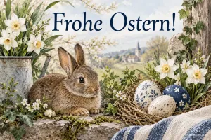 Hase neben Osternest, Text: Frohe Ostern