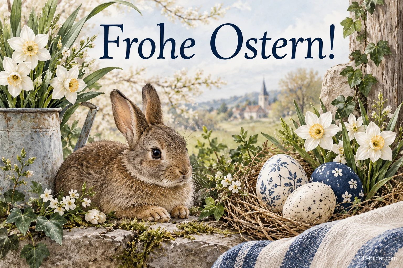 Hase neben Osternest, Text: Frohe Ostern Hase neben Osternest, Text: Frohe Ostern