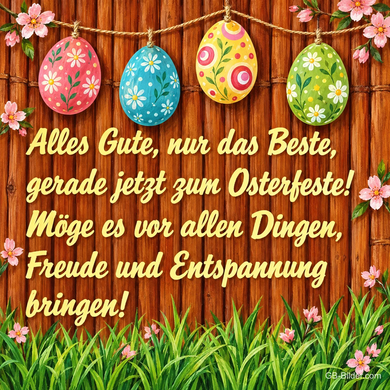 Ostereier an der Schnur, Text: Alles Gute, nur das Beste, gerade jetzt zum Osterfeste
