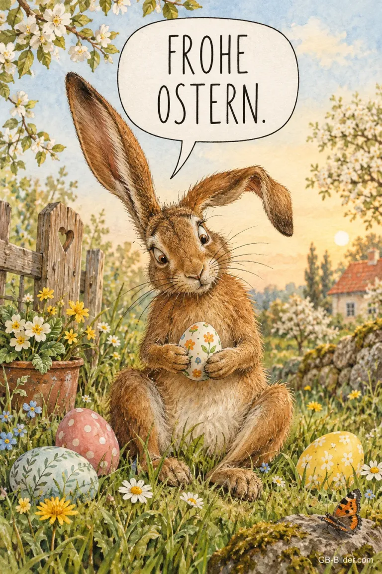 Feldhase mit Sprechblase, Text: FROHE OSTERN