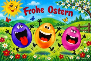 Drei lachende bunte Ostereier tanzen auf einer Blumenwiese unter einer lachenden Sonne, Text: Frohe Ostern