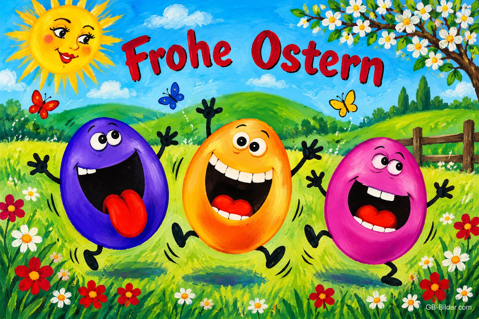 Drei lachende bunte Ostereier tanzen auf einer Blumenwiese unter einer lachenden Sonne, Text: Frohe Ostern