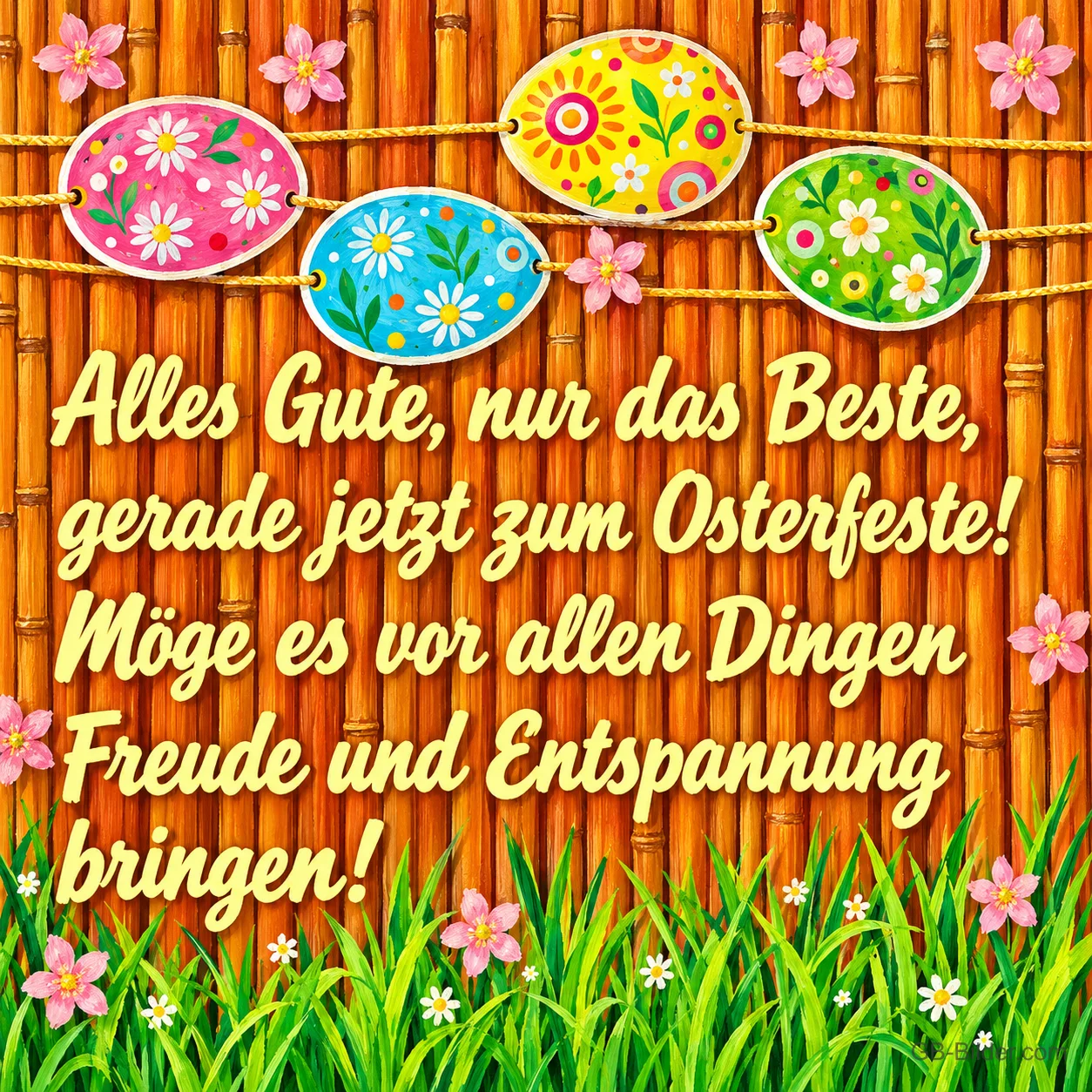 Bunt bemalte Ostereier hängen an einer Schnur vor einem Bambuszaun, Text: Alles Gute, nur das Beste, gerade jetzt zum Osterfeste! Möge es vor allen Dingen Freude und Entspannung bringen!