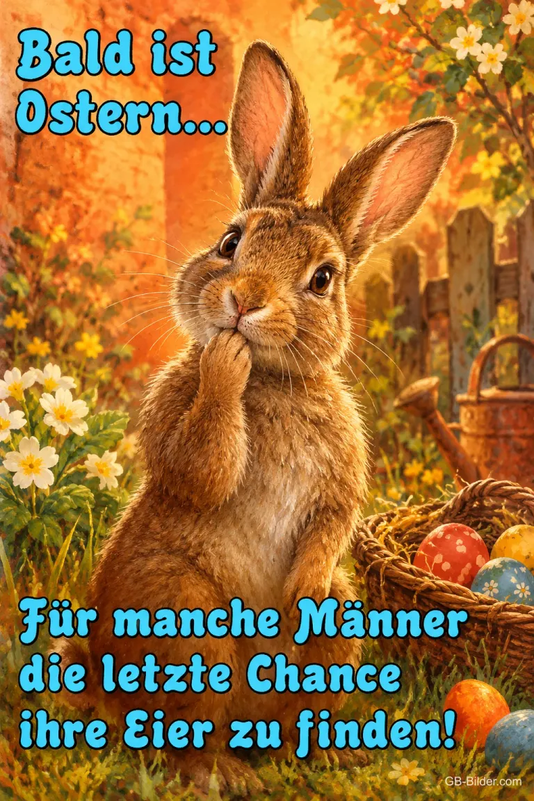 Hase hält sich nachdenklich die Pfote an den Mund neben einem Eierkorb, Text: Bald ist Ostern… Für manche Männer die letzte Chance, ihre Eier zu finden!