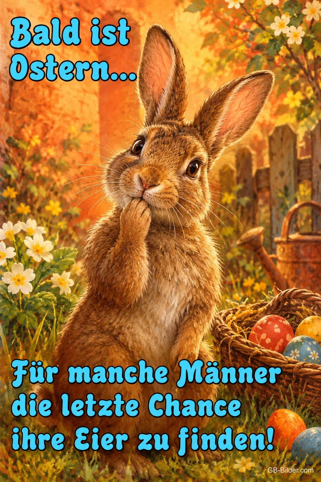 Hase hält sich nachdenklich die Pfote an den Mund neben einem Eierkorb, Text: Bald ist Ostern… Für manche Männer die letzte Chance, ihre Eier zu finden!