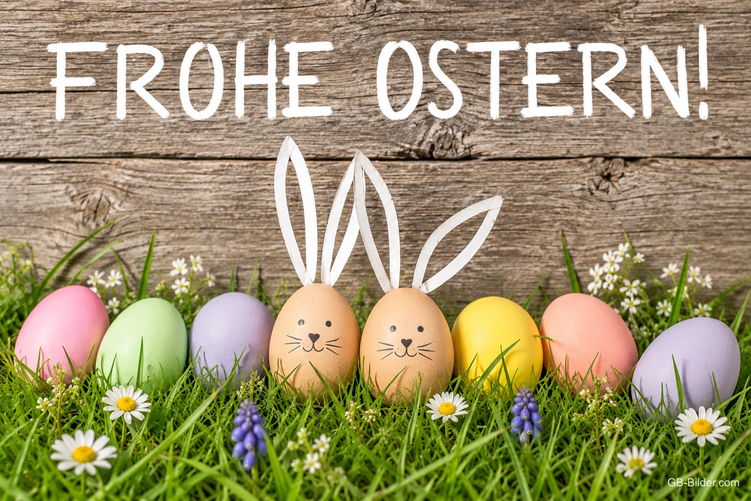 Reihe bunter Ostereier im Gras, zwei davon mit Hasenohren und Gesichtern, Text: Frohe Ostern!