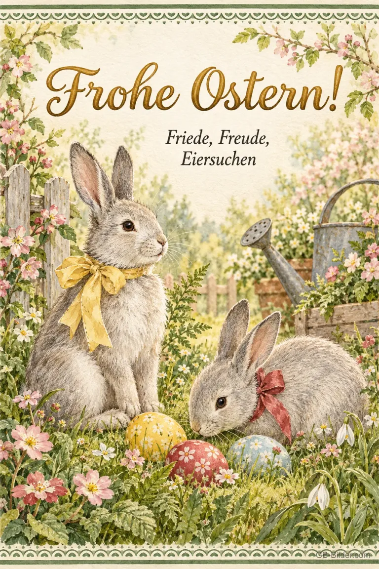 Zwei Hasen mit Schleifen zwischen Ostereiern im Frühlingsgarten, Text: Frohe Ostern! Friede, Freude, Eiersuchen