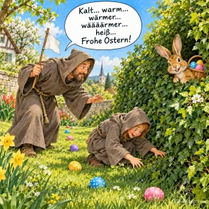 Zwei Mönche suchen im Garten, der Osterhase schaut mit Korb aus der Hecke, Text: Kalt… warm… wärmer… wäääärmer… heiß… Frohe Ostern!