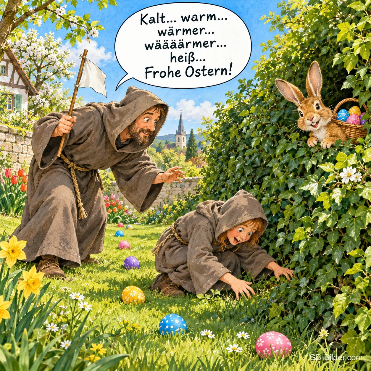 Zwei Mönche suchen im Garten, der Osterhase schaut mit Korb aus der Hecke, Text: Kalt… warm… wärmer… wäääärmer… heiß… Frohe Ostern! Zwei Mönche suchen im Garten, der Osterhase schaut mit Korb aus der Hecke, Text: Kalt… warm… wärmer… wäääärmer… heiß… Frohe Ostern!