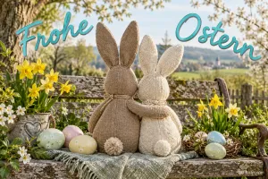 Zwei Stoffhasen sitzen Arm in Arm auf einer Bank zwischen Osterglocken und Eiern, Text: Frohe Ostern