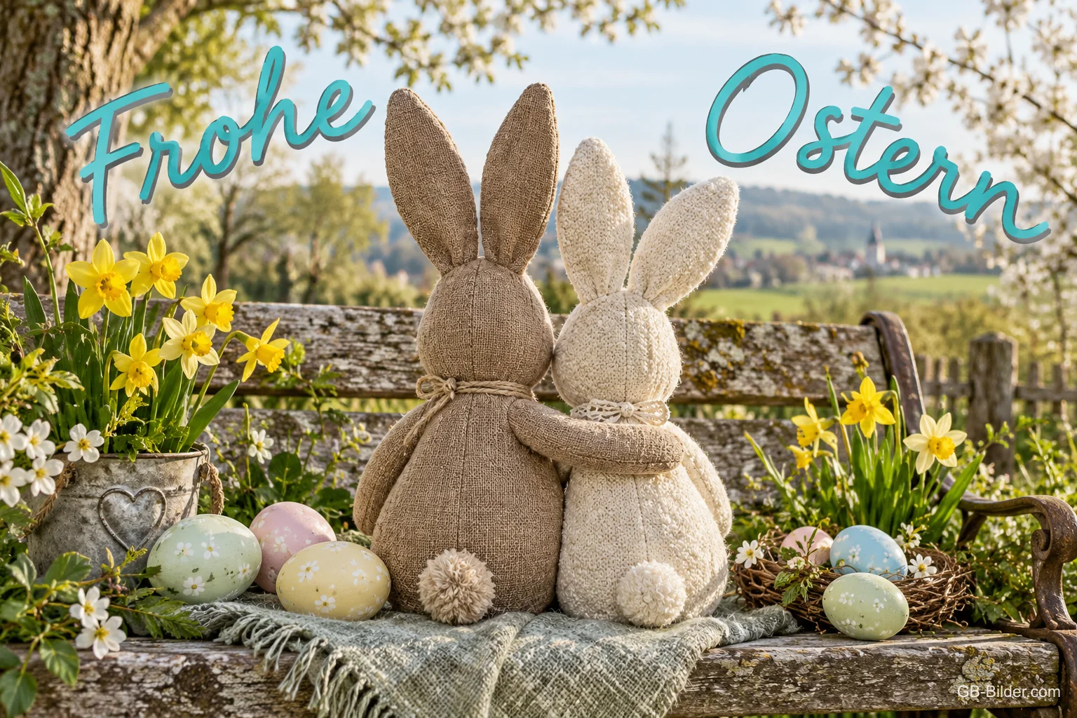 Zwei Stoffhasen sitzen Arm in Arm auf einer Bank zwischen Osterglocken und Eiern, Text: Frohe Ostern Zwei Stoffhasen sitzen Arm in Arm auf einer Bank zwischen Osterglocken und Eiern, Text: Frohe Ostern