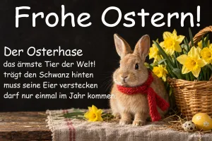 Hase mit rotem Schal neben einem Korb mit Osterglocken, Text: Frohe Ostern! Der Osterhase – das ärmste Tier der Welt! Trägt den Schwanz hinten, muss seine Eier verstecken, darf nur einmal im Jahr kommen.