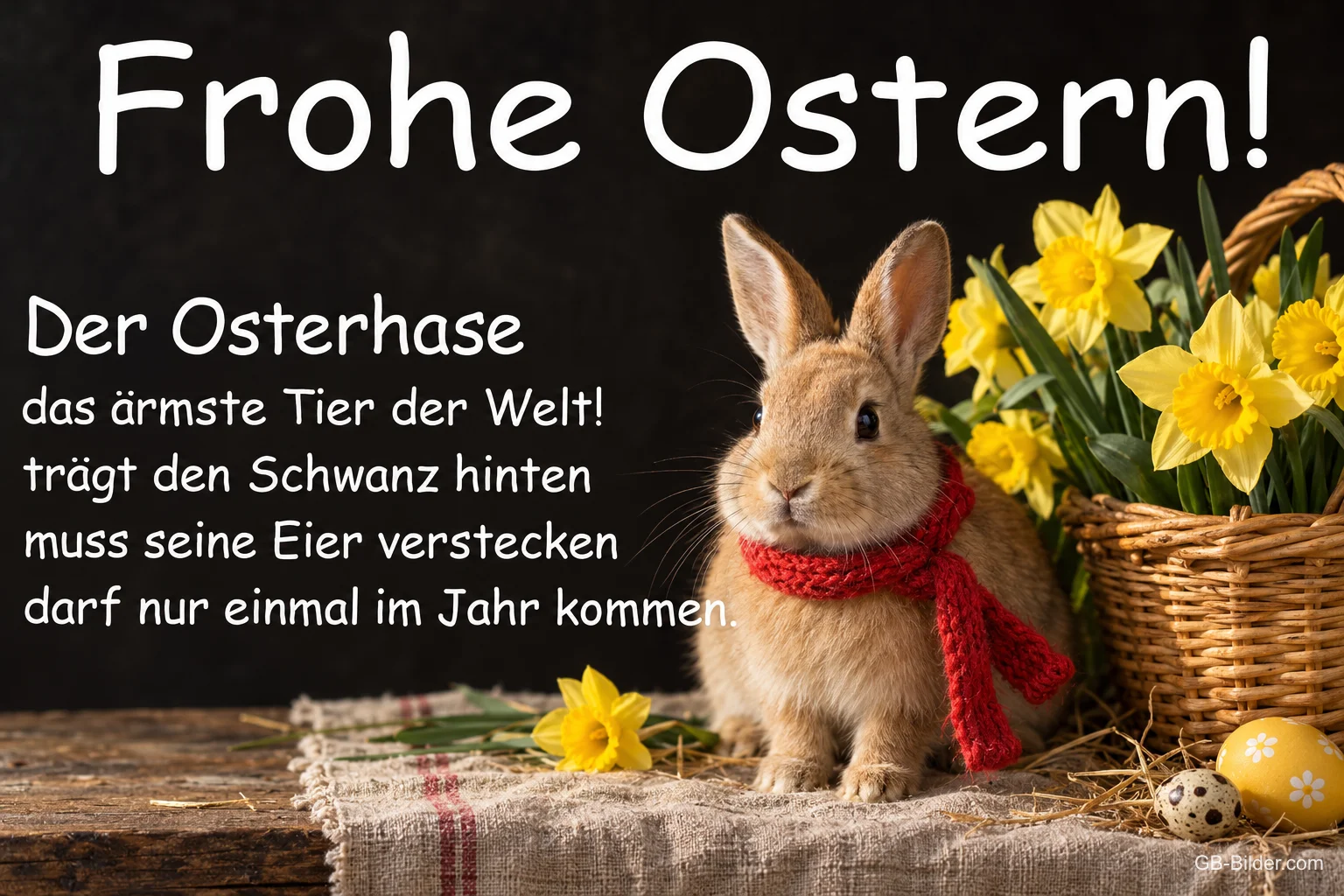 Hase mit rotem Schal neben einem Korb mit Osterglocken, Text: Frohe Ostern! Der Osterhase – das ärmste Tier der Welt! Trägt den Schwanz hinten, muss seine Eier verstecken, darf nur einmal im Jahr kommen.