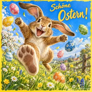 Hase springt jubelnd zwischen fliegenden Ostereiern, Text: Schöne Ostern!
