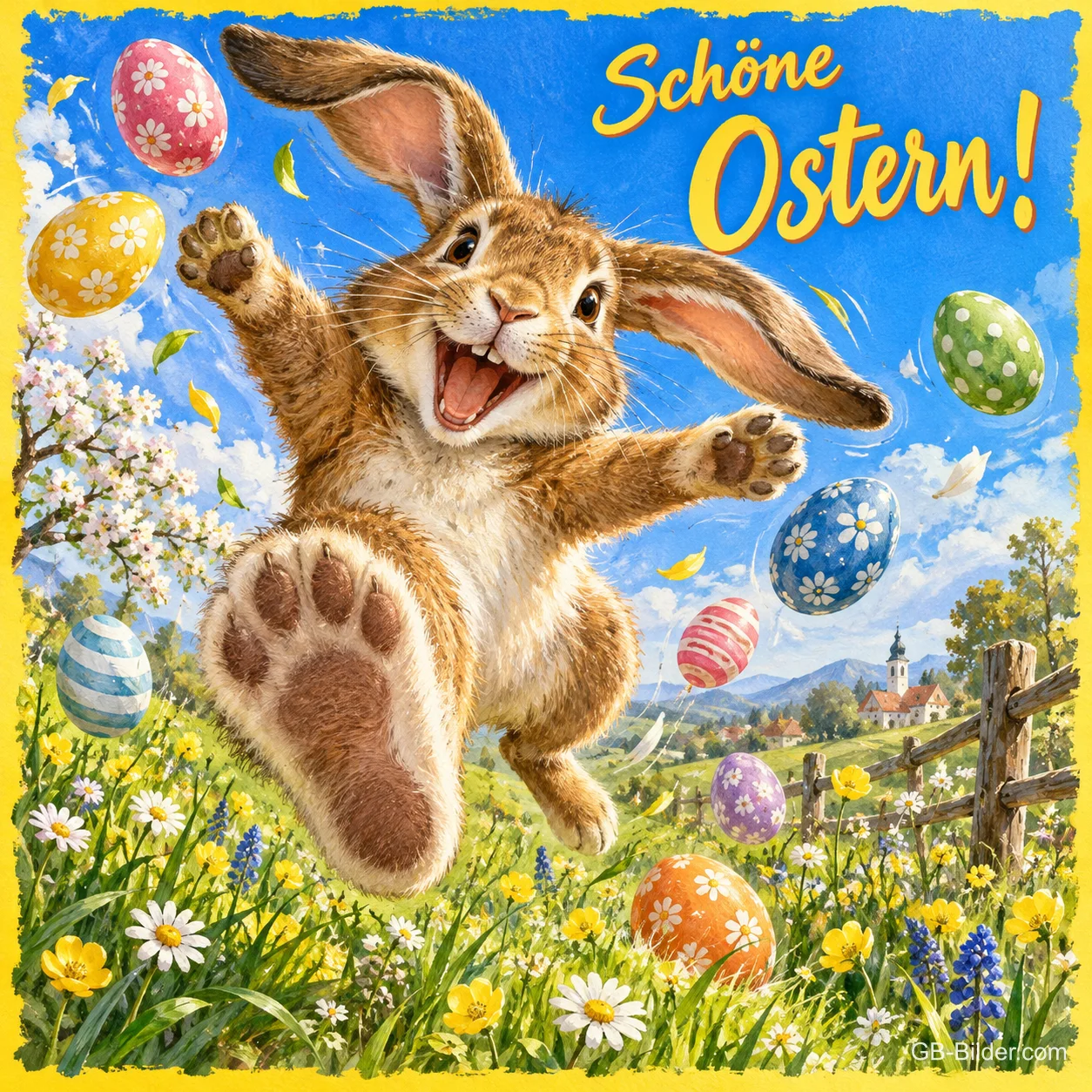 Hase springt jubelnd zwischen fliegenden Ostereiern, Text: Schöne Ostern! Hase springt jubelnd zwischen fliegenden Ostereiern, Text: Schöne Ostern!