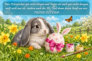 Widderhase neben einem bemalten Osterei mit Schleife, Text: Dass Osterglocken gar nicht klingen und Hasen uns auch gar nichts bringen, weiß nicht nur ich, sondern auch ihr. Als Trost drum diesen Gruß von mir: FROHE OSTERN!