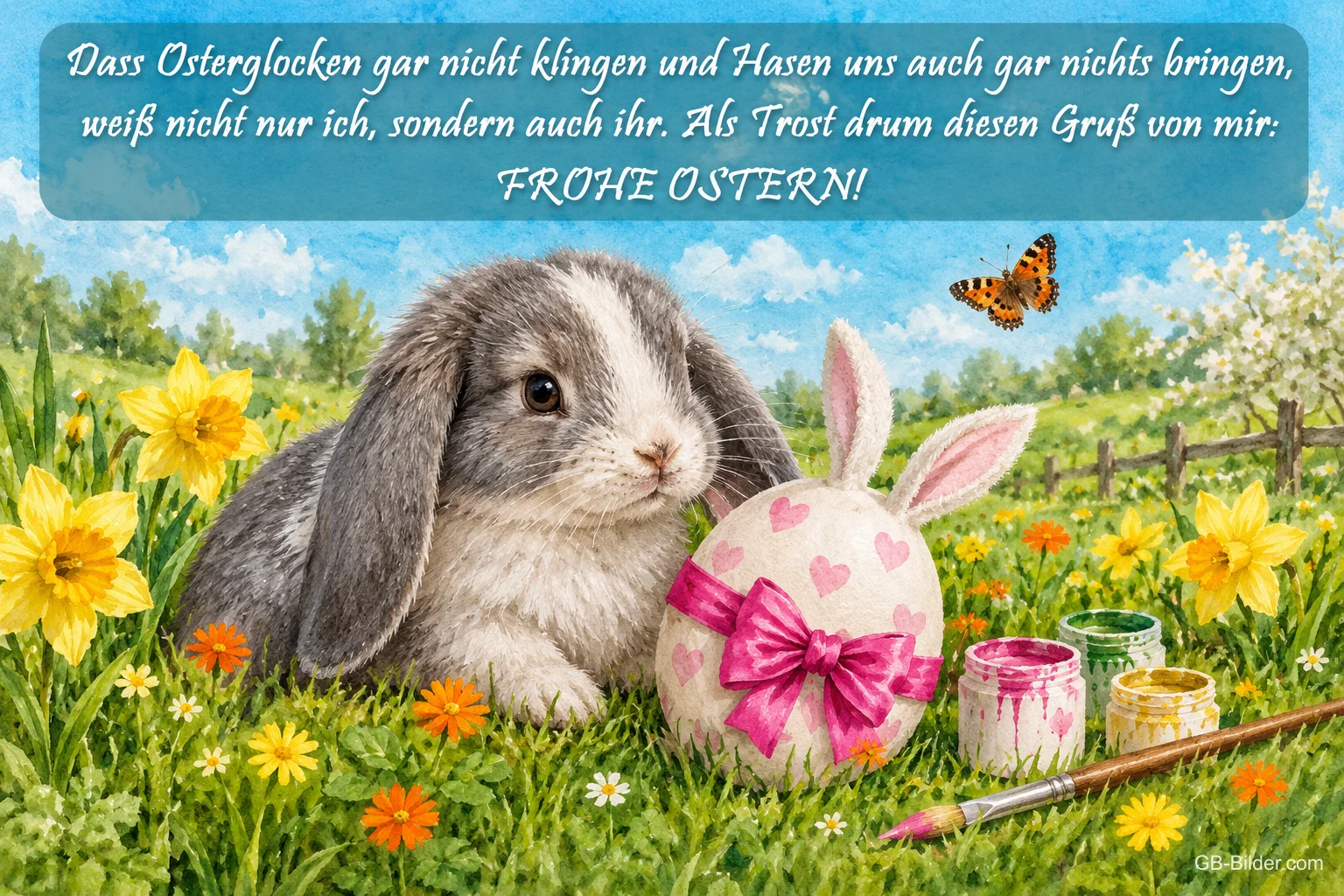 Widderhase neben einem bemalten Osterei mit Schleife, Text: Dass Osterglocken gar nicht klingen und Hasen uns auch gar nichts bringen, weiß nicht nur ich, sondern auch ihr. Als Trost drum diesen Gruß von mir: FROHE OSTERN! Widderhase neben einem bemalten Osterei mit Schleife, Text: Dass Osterglocken gar nicht klingen und Hasen uns auch gar nichts bringen, weiß nicht nur ich, sondern auch ihr. Als Trost drum diesen Gruß von mir: FROHE OSTERN!