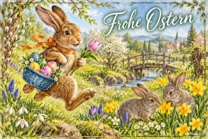 Hase mit Schleife hüpft mit Eierkorb und Tulpe über eine Wiese, Text: Frohe Ostern