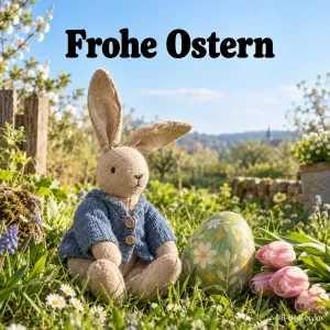 Stoffhase mit blauer Strickjacke neben einem Osterei im Garten, Text: Frohe Ostern