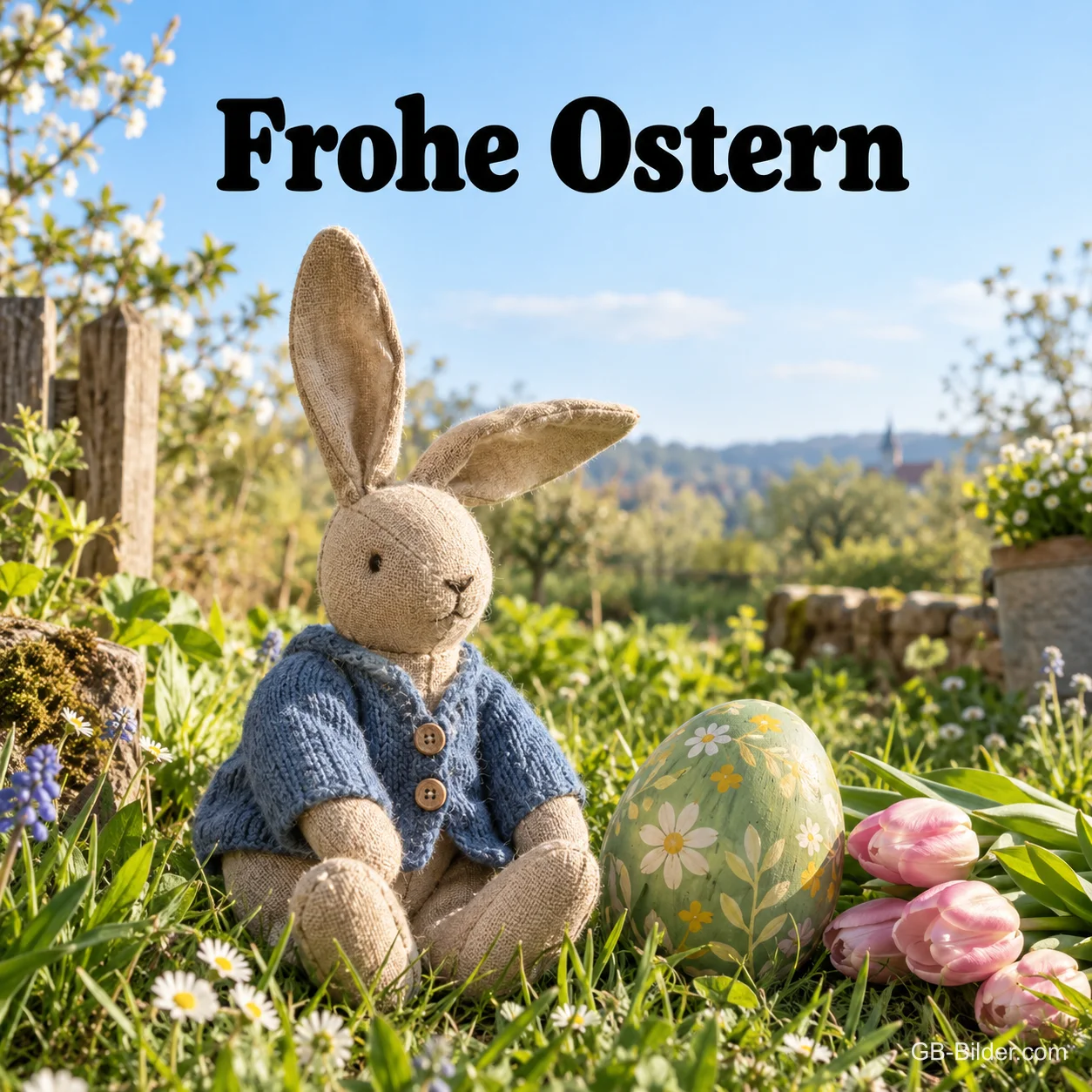 Stoffhase mit blauer Strickjacke neben einem Osterei im Garten, Text: Frohe Ostern Stoffhase mit blauer Strickjacke neben einem Osterei im Garten, Text: Frohe Ostern