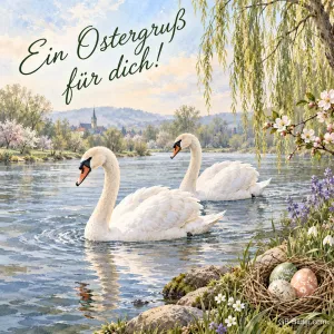 Zwei Schwäne auf einem Fluss im Frühling, Nest mit Ostereiern am Ufer, Text: Ein Ostergruß für dich!