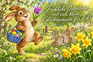 Hase mit Eierkorb und Tulpe hüpft durch eine Osterglockenwiese, zwei Hasen kuscheln, Text: Fröhliche Ostertage und viele kleine Glücksmomente für dich!