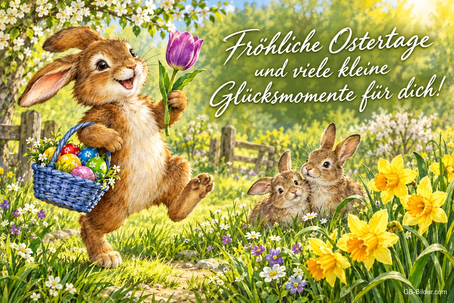 Hase mit Eierkorb und Tulpe hüpft durch eine Osterglockenwiese, zwei Hasen kuscheln, Text: Fröhliche Ostertage und viele kleine Glücksmomente für dich! Hase mit Eierkorb und Tulpe hüpft durch eine Osterglockenwiese, zwei Hasen kuscheln, Text: Fröhliche Ostertage und viele kleine Glücksmomente für dich!