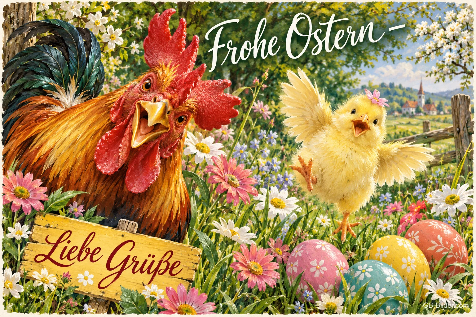 Lachender Hahn und flatterndes Küken in einer Blumenwiese mit bunten Ostereiern, Text: Frohe Ostern – Liebe Grüße Lachender Hahn und flatterndes Küken in einer Blumenwiese mit bunten Ostereiern, Text: Frohe Ostern – Liebe Grüße