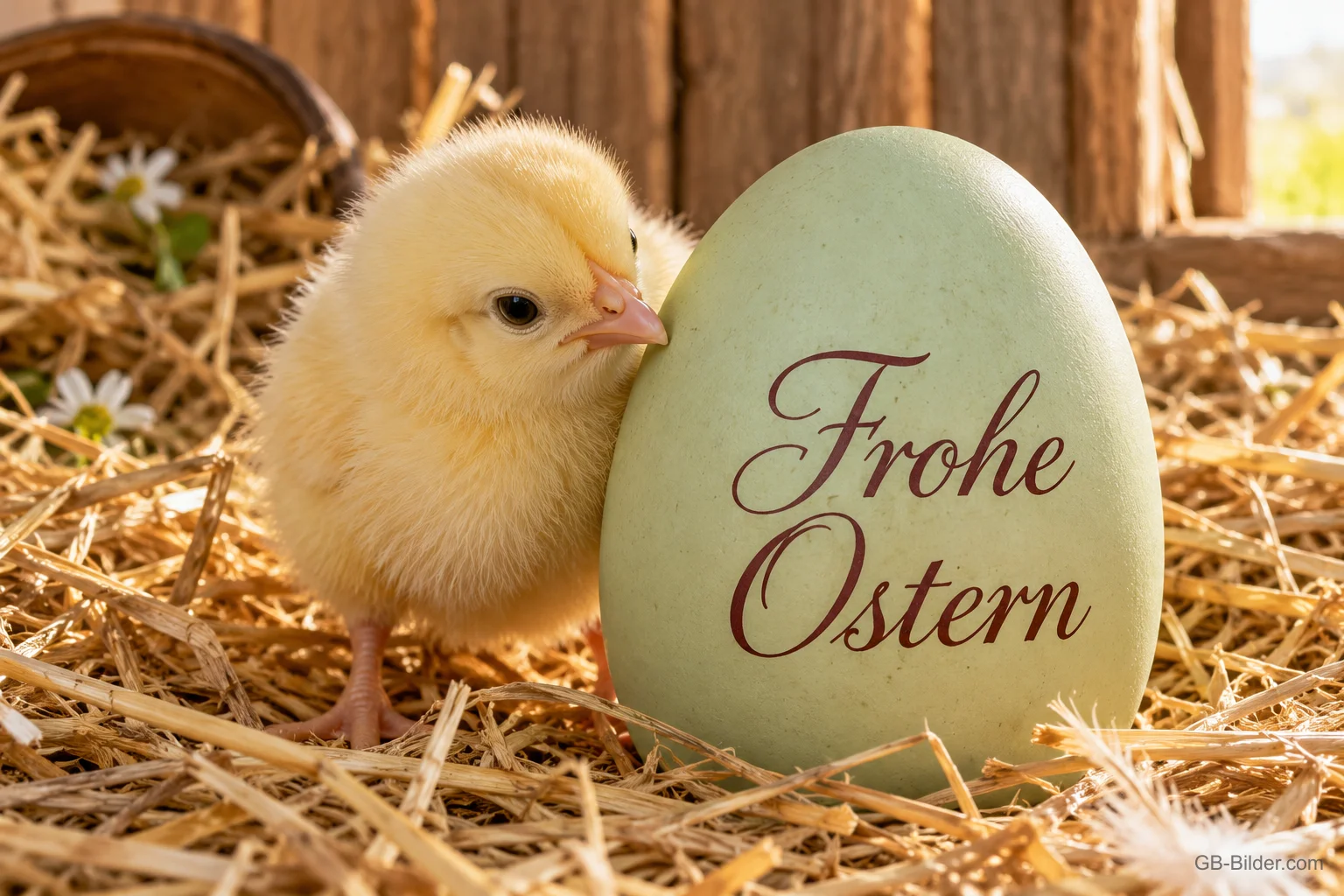 Küken lehnt an einem grünen Osterei im Stroh, Text: Frohe Ostern