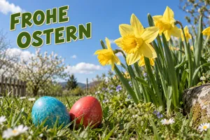 Gelbe Osterglocken und zwei bunte Ostereier im Gras, Text: FROHE OSTERN
