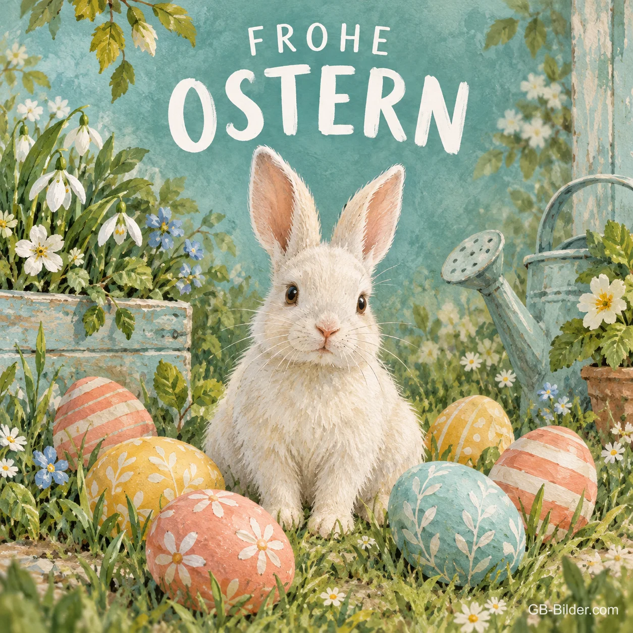 Weißer Hase zwischen bemalten Ostereiern im Garten, Text: FROHE OSTERN Weißer Hase zwischen bemalten Ostereiern im Garten, Text: FROHE OSTERN
