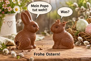 Zwei angeknabberte Schokoladenhasen mit Sprechblasen zwischen Ostereiern, Text: „Mein Popo tut weh!!“ – „Was?“ – Frohe Ostern!