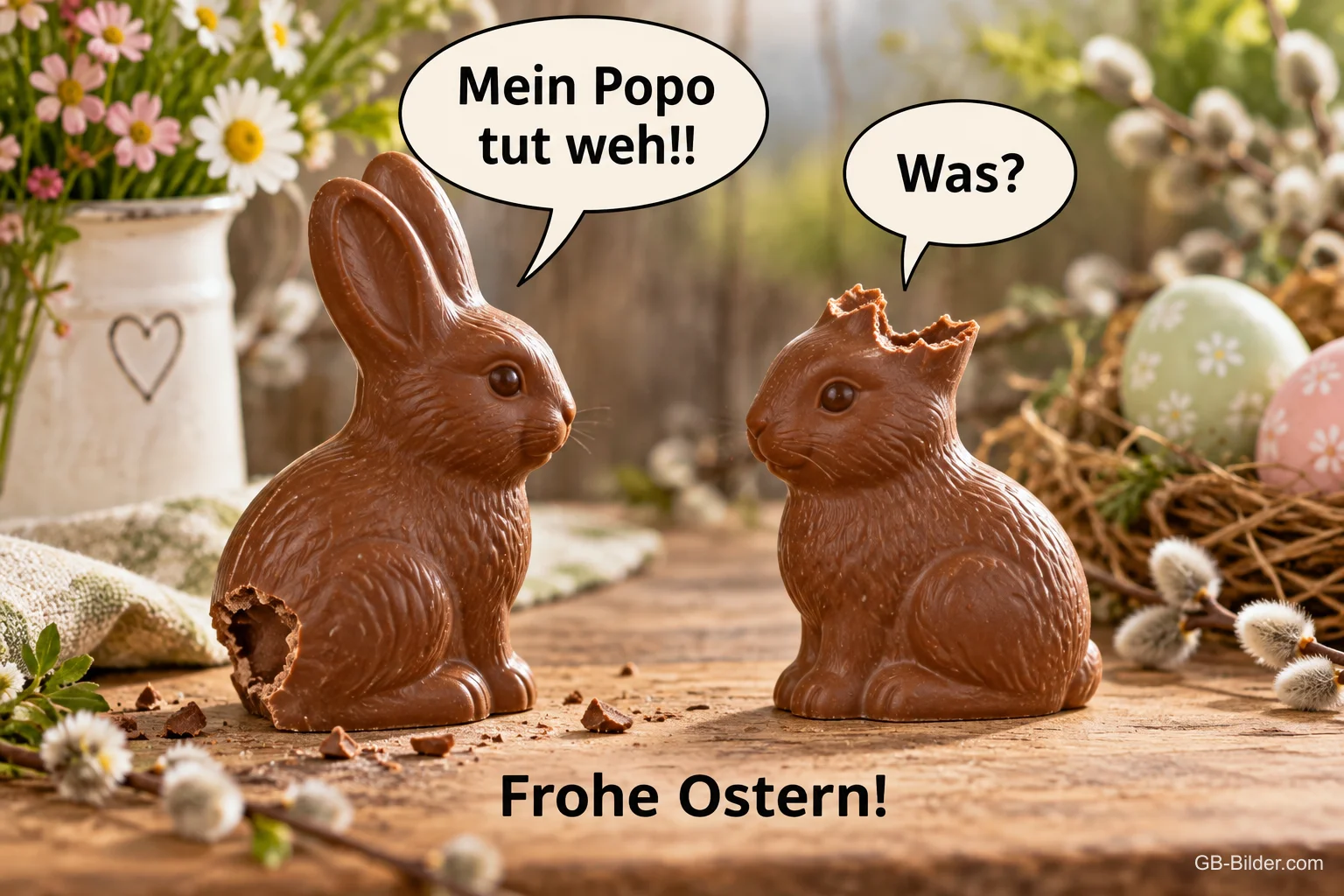 Zwei angeknabberte Schokoladenhasen mit Sprechblasen zwischen Ostereiern, Text: „Mein Popo tut weh!!“ – „Was?“ – Frohe Ostern!