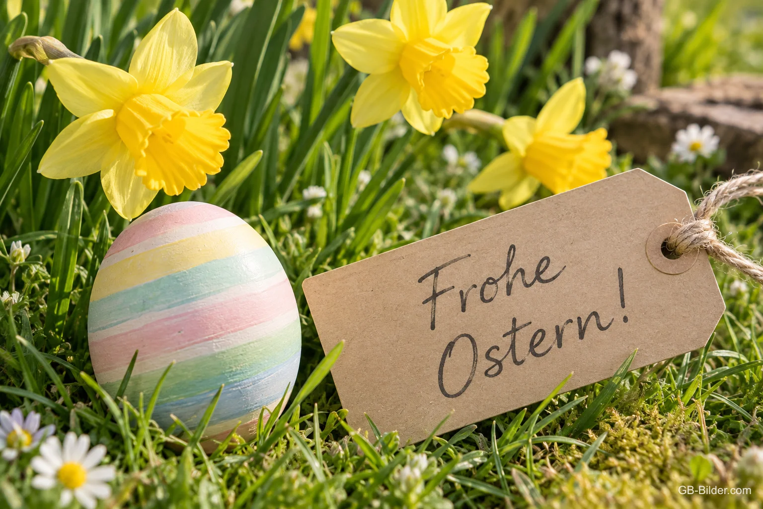 Papieranhänger neben einem gestreiften Osterei zwischen Osterglocken, Text: Frohe Ostern! Papieranhänger neben einem gestreiften Osterei zwischen Osterglocken, Text: Frohe Ostern!