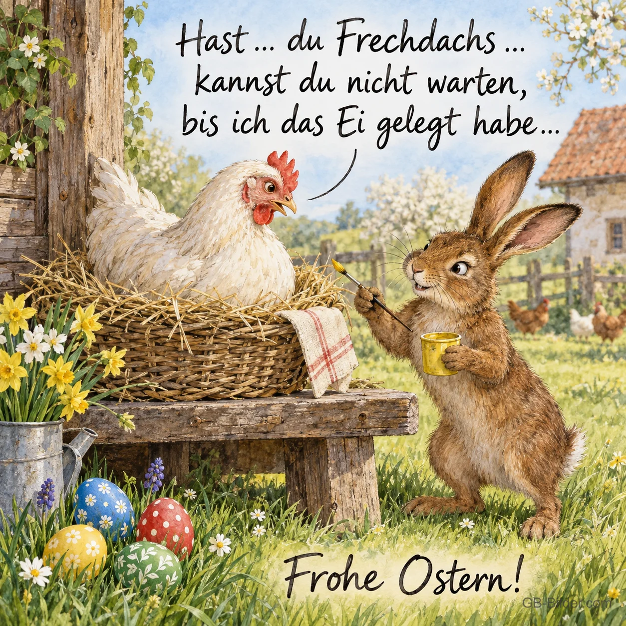 Weißes Huhn im Nest und Osterhase mit Pinsel auf einem Bauernhof, Text: Hast … du Frechdachs … kannst du nicht warten, bis ich das Ei gelegt habe … Frohe Ostern! Weißes Huhn im Nest und Osterhase mit Pinsel auf einem Bauernhof, Text: Hast … du Frechdachs … kannst du nicht warten, bis ich das Ei gelegt habe … Frohe Ostern!