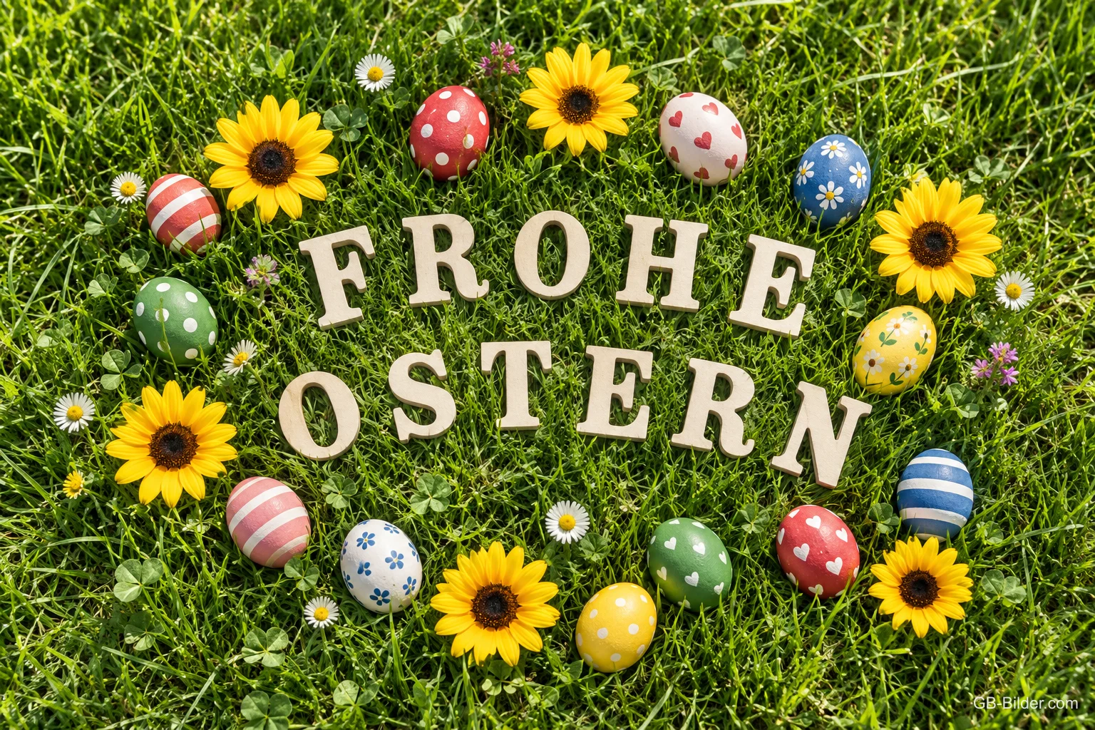 Holzbuchstaben im Gras, umgeben von bunten Ostereiern und Sonnenblumen, Text: FROHE OSTERN Holzbuchstaben im Gras, umgeben von bunten Ostereiern und Sonnenblumen, Text: FROHE OSTERN