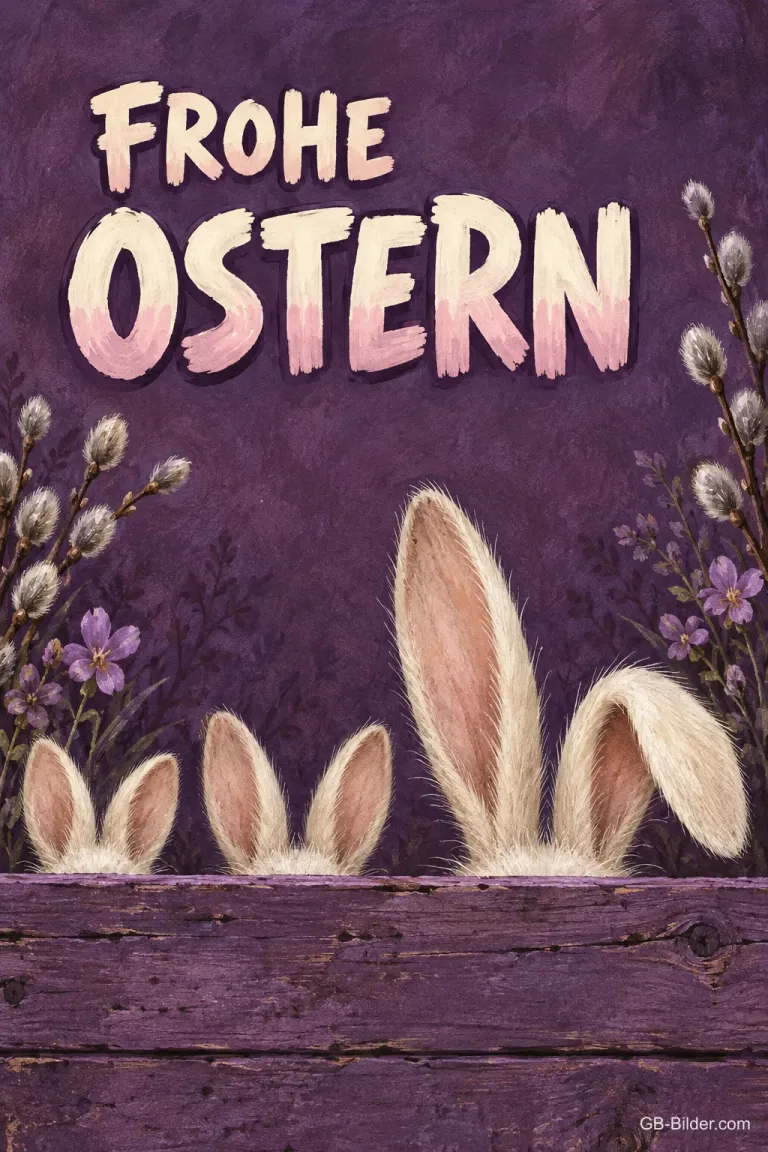 Hasenohren schauen hinter einem lila Holzbrett hervor, Text: FROHE OSTERN
