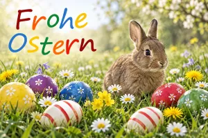 Hase zwischen bunten Ostereiern auf einer Blumenwiese, Text: Frohe Ostern