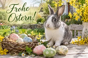 Grau-weißes Kaninchen neben einem Korb mit Ostereiern und Forsythien, Text: Frohe Ostern!