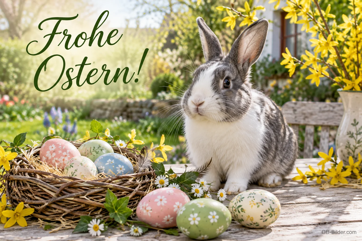 Grau-weißes Kaninchen neben einem Korb mit Ostereiern und Forsythien, Text: Frohe Ostern! Grau-weißes Kaninchen neben einem Korb mit Ostereiern und Forsythien, Text: Frohe Ostern!