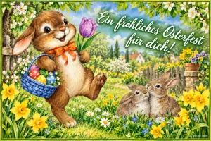 Hase mit Eierkorb und Tulpe hüpft durch eine Frühlingswiese, zwei Hasen kuscheln, Text: Ein fröhliches Osterfest für dich!