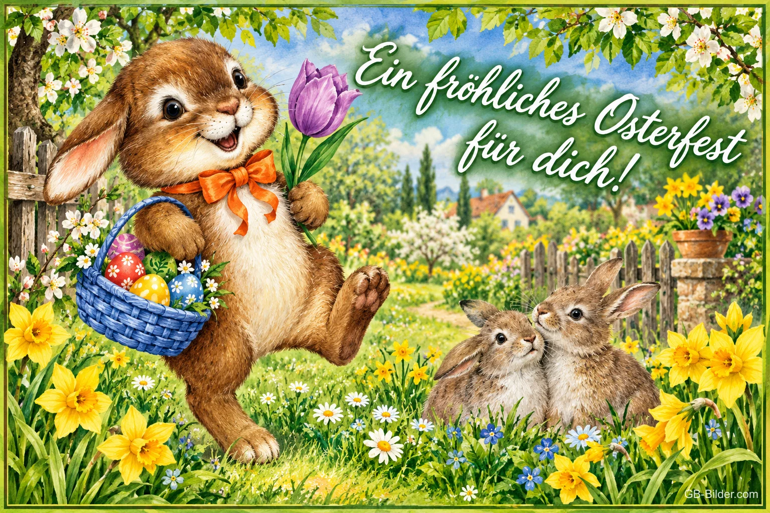 Hase mit Eierkorb und Tulpe hüpft durch eine Frühlingswiese, zwei Hasen kuscheln, Text: Ein fröhliches Osterfest für dich! Hase mit Eierkorb und Tulpe hüpft durch eine Frühlingswiese, zwei Hasen kuscheln, Text: Ein fröhliches Osterfest für dich!