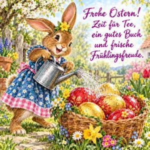 Häsin im Blumenkleid gießt einen Korb mit Ostereiern, Text: Frohe Ostern! Zeit für Tee, ein gutes Buch und frische Frühlingsfreude.